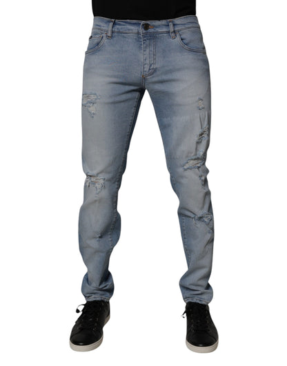 Dolce & Gabbana Blue Tattered Cotton Skinny Men's Denim Jeans