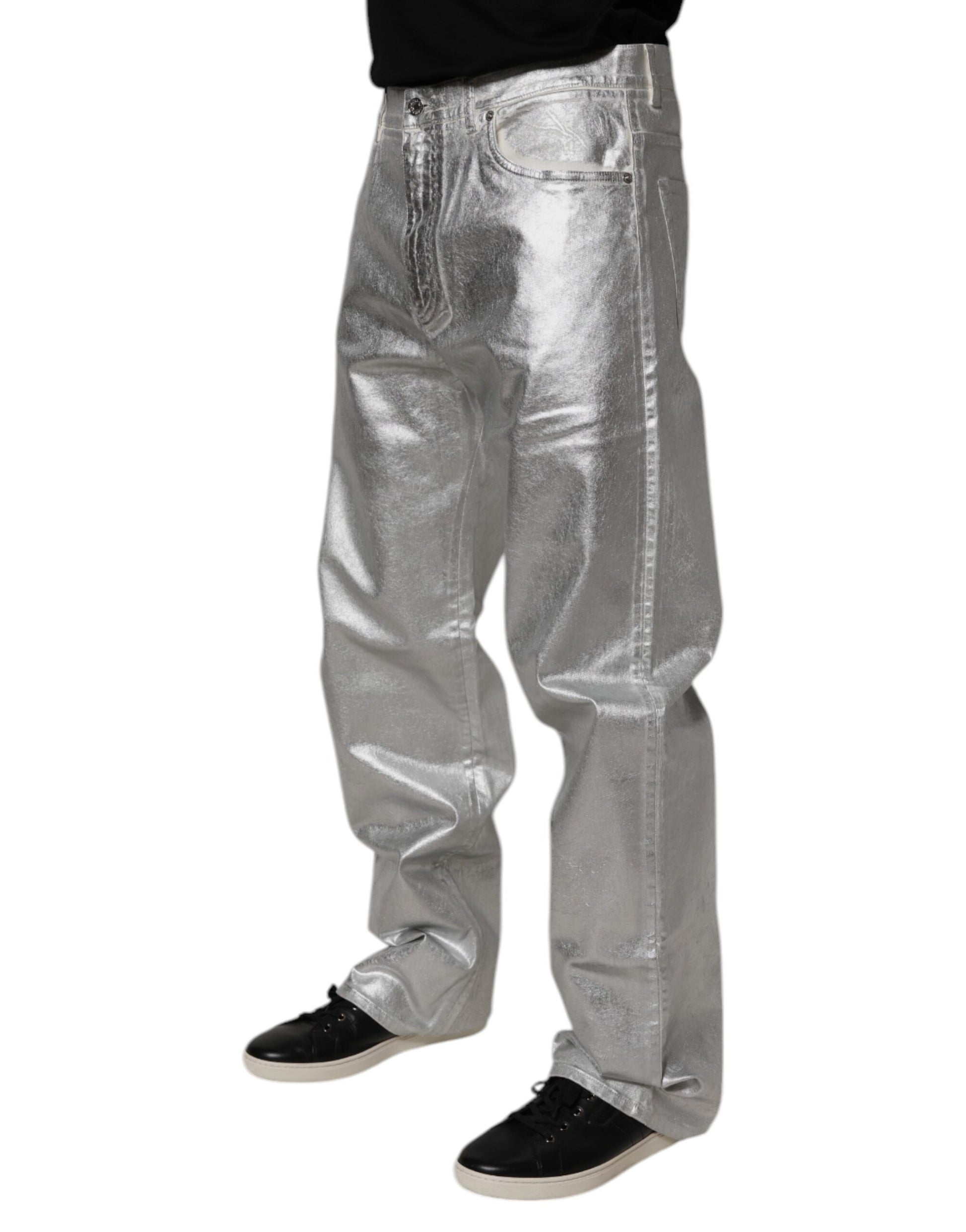 Dolce & Gabbana Metallic Silver Cotton Straight Denim Jeans