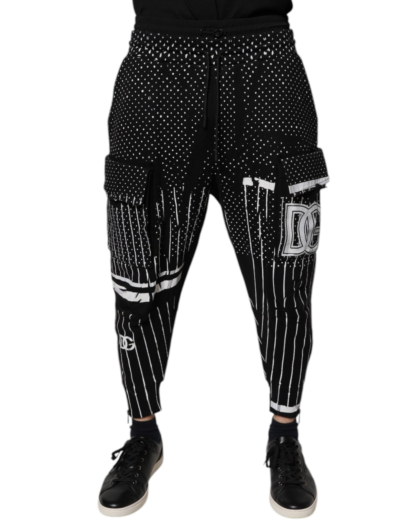 Dolce & Gabbana Black Polka Dot & Stripes Cargo Jogger Sweatpants