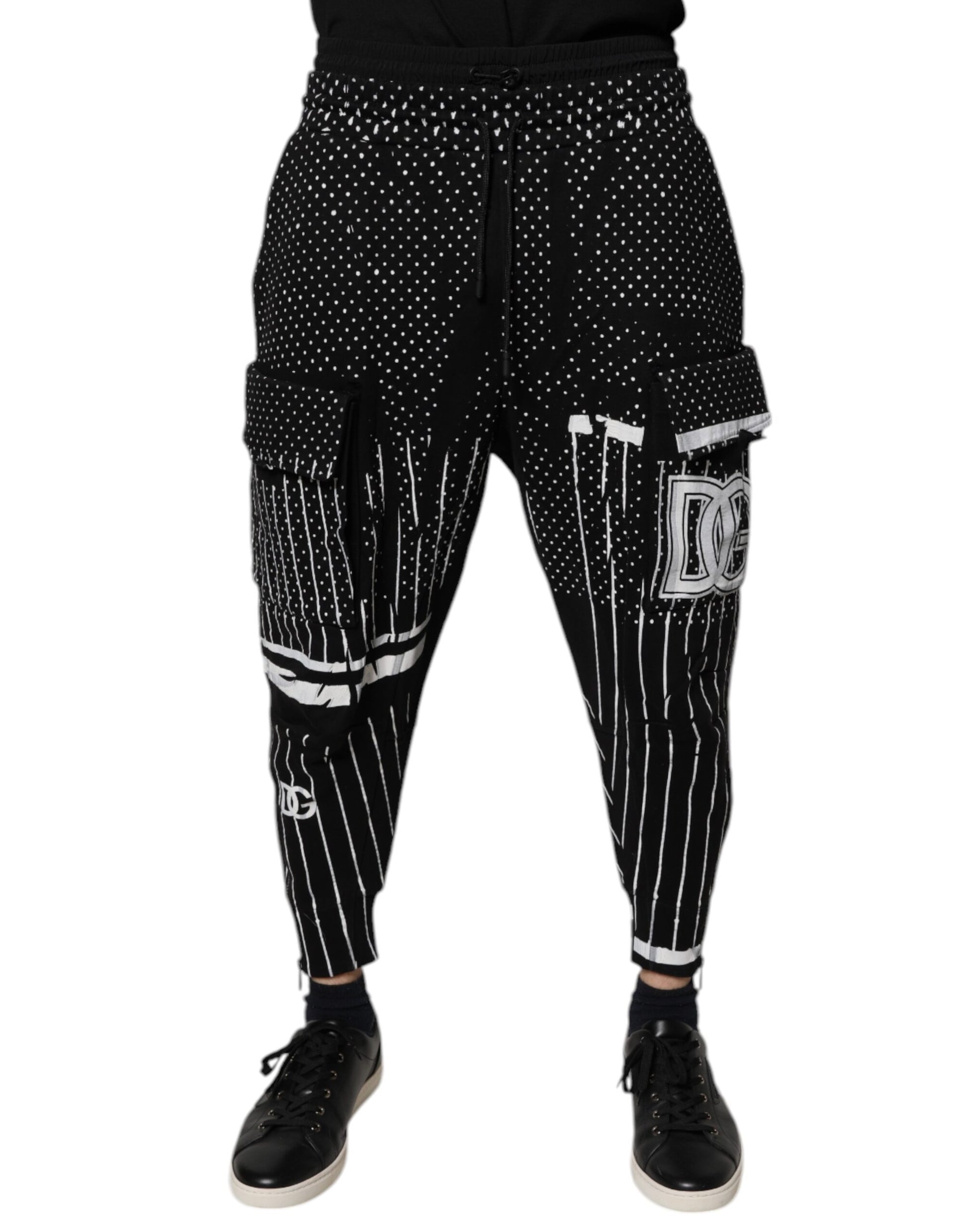 Dolce & Gabbana Black Polka Dot & Stripes Cargo Jogger Sweatpants
