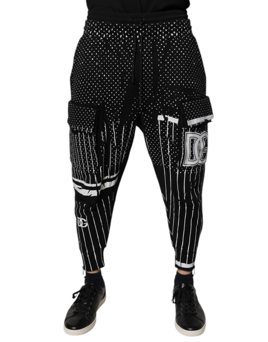 Dolce & Gabbana Black Polka Dot & Stripes Cargo Jogger Sweatpants
