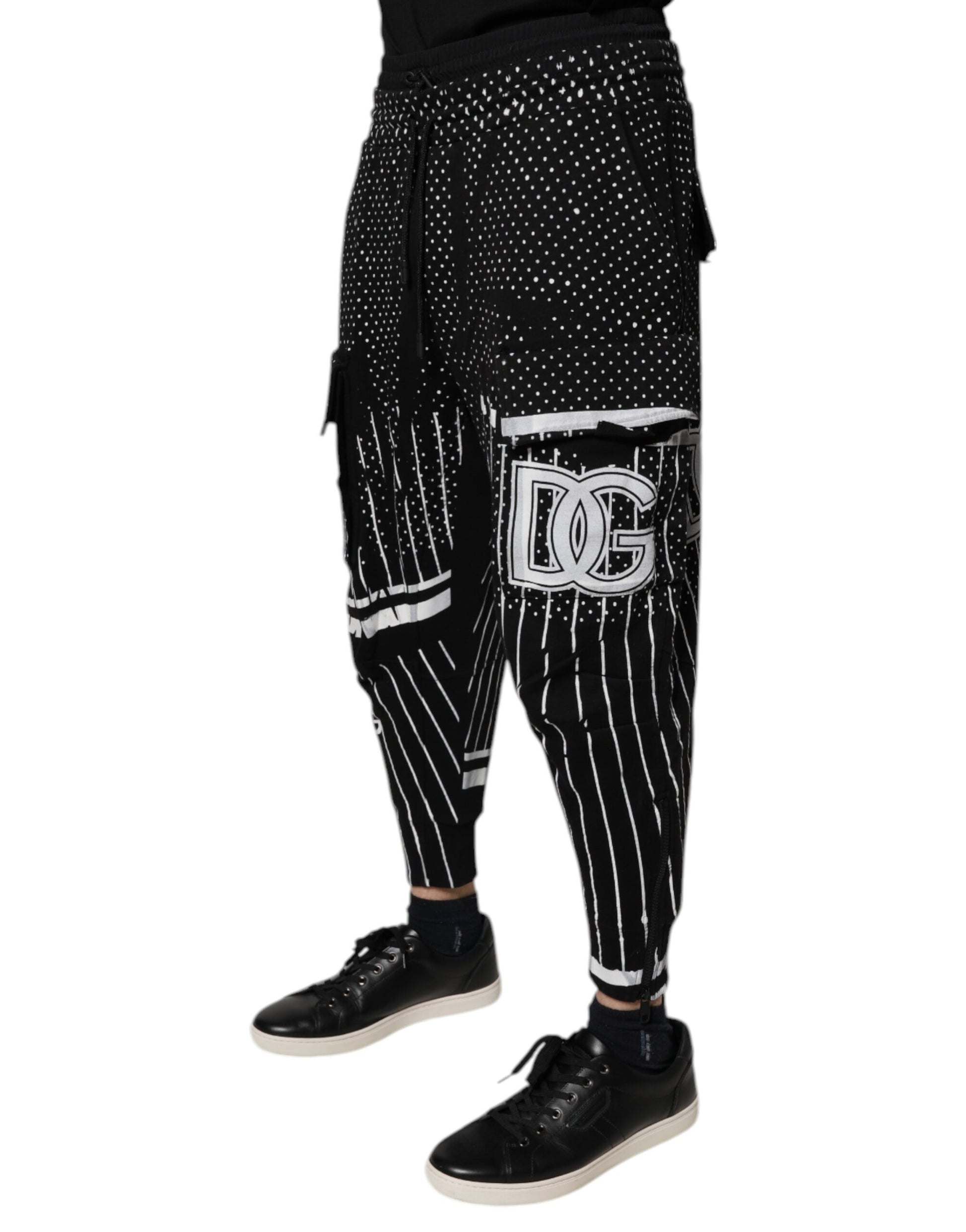 Dolce & Gabbana Black Polka Dot & Stripes Cargo Jogger Sweatpants