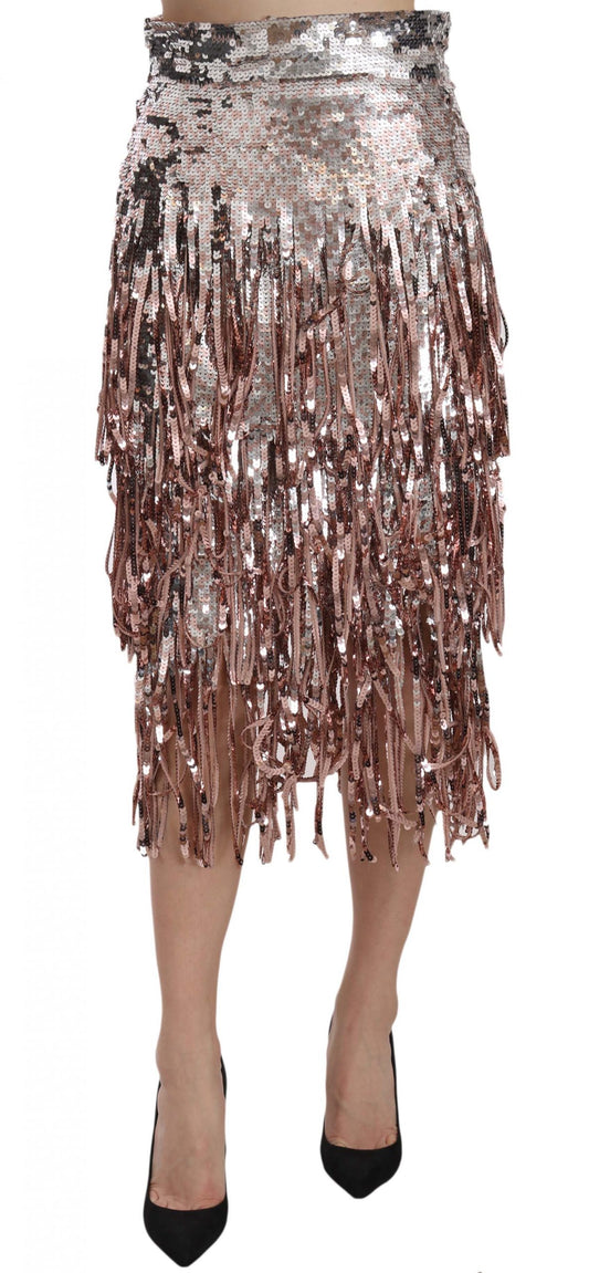  - Metallic Sequin Tulle High-Waist Midi Skirt