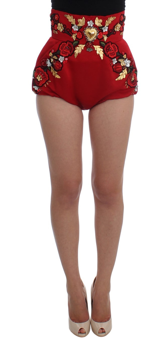  - Red Silk Crystal-Embellished High Waist Shorts