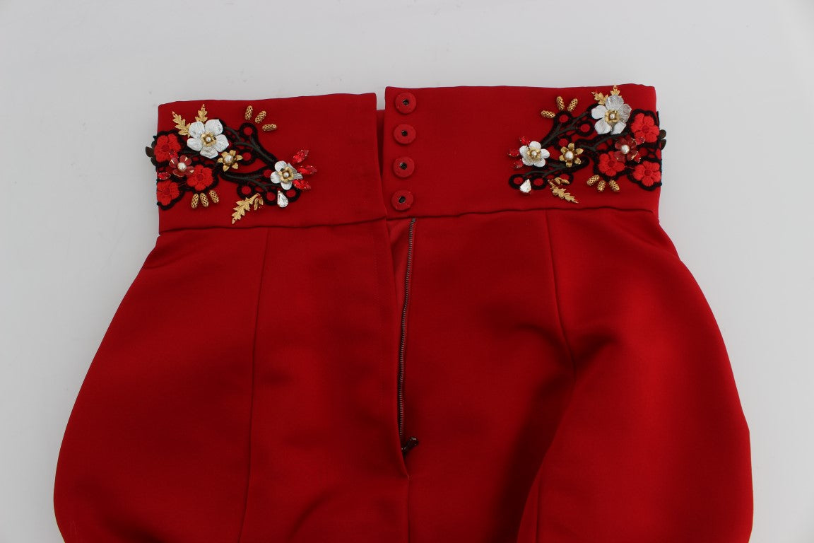  - Red Silk Crystal-Embellished High Waist Shorts