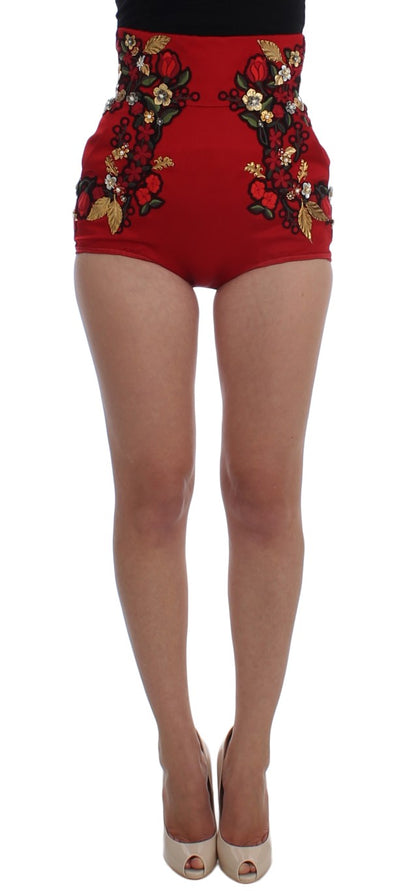  - Elegant Silk Red Embroidered Mini Shorts