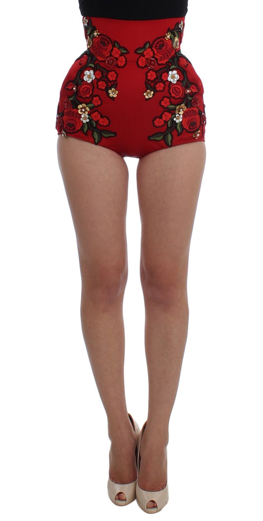  - Glamorous Red Silk Floral Embroidered Shorts