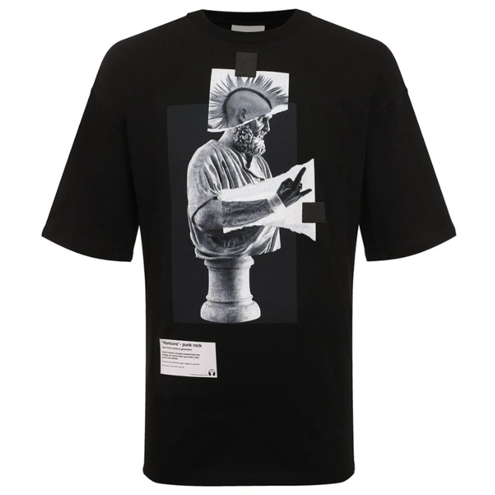 Diego Venturino Black Cotton Crew Neck T-Shirt with Front Print