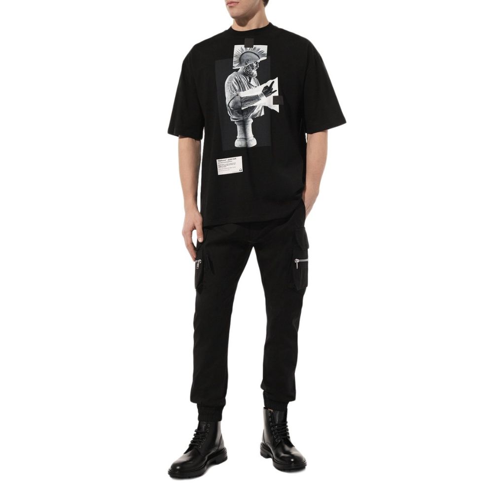 Diego Venturino Black Cotton Crew Neck T-Shirt with Front Print