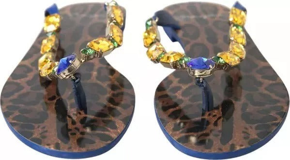 Dolce & Gabbana Blue Crystal Flats Sandals Beachwear Shoes