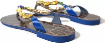 Dolce & Gabbana Blue Crystal Flats Sandals Beachwear Shoes
