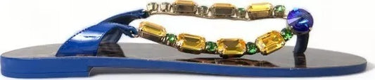 Dolce & Gabbana Blue Crystal Flats Sandals Beachwear Shoes