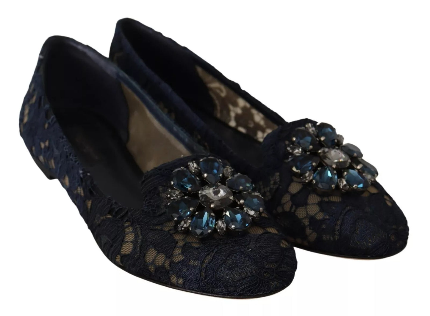 Dolce & Gabbana Blue Crystal Loafer Lace Ballet Flats