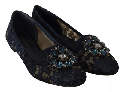 Dolce & Gabbana Blue Crystal Loafer Lace Ballet Flats