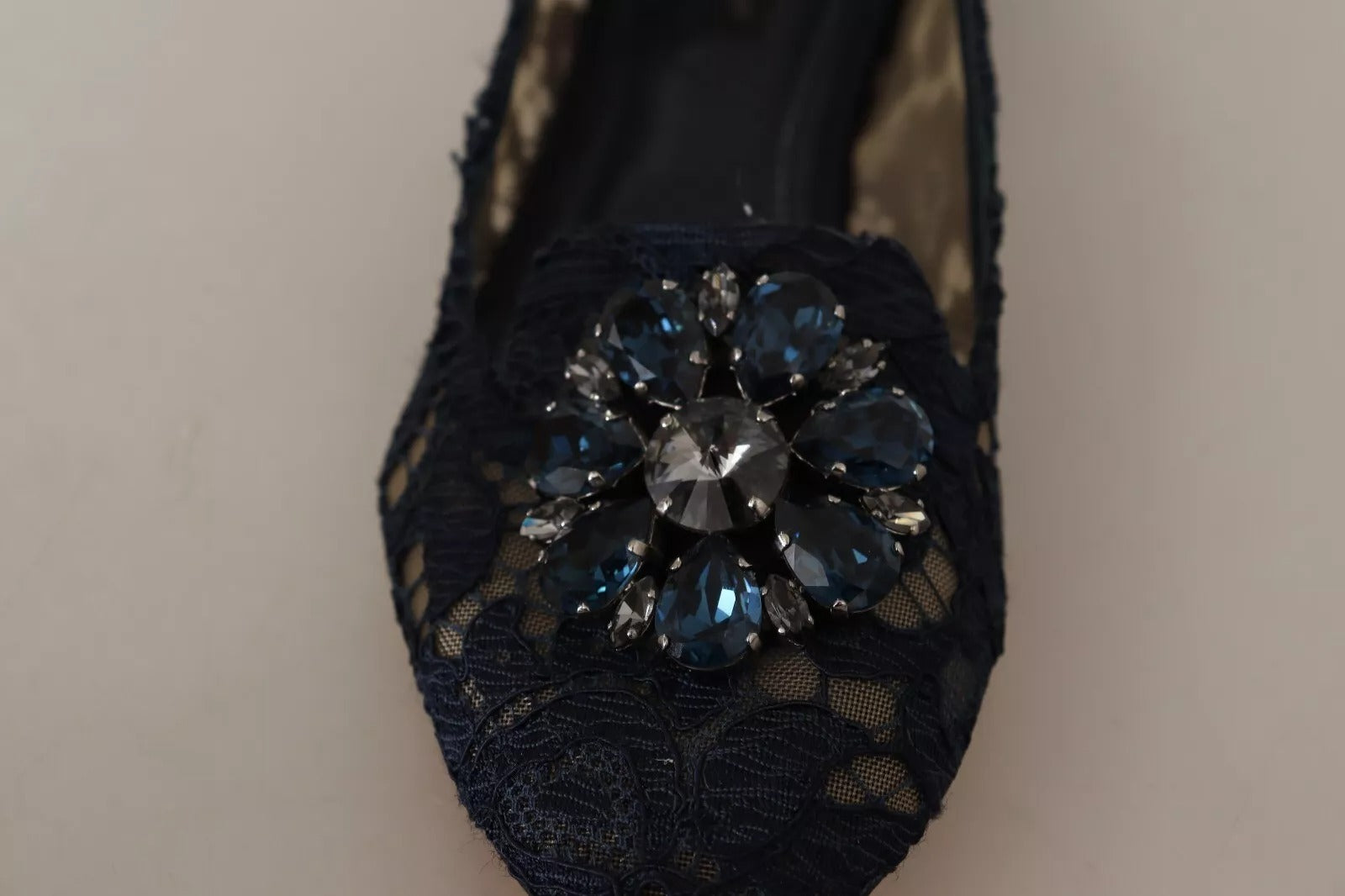 Dolce & Gabbana Blue Crystal Loafer Lace Ballet Flats