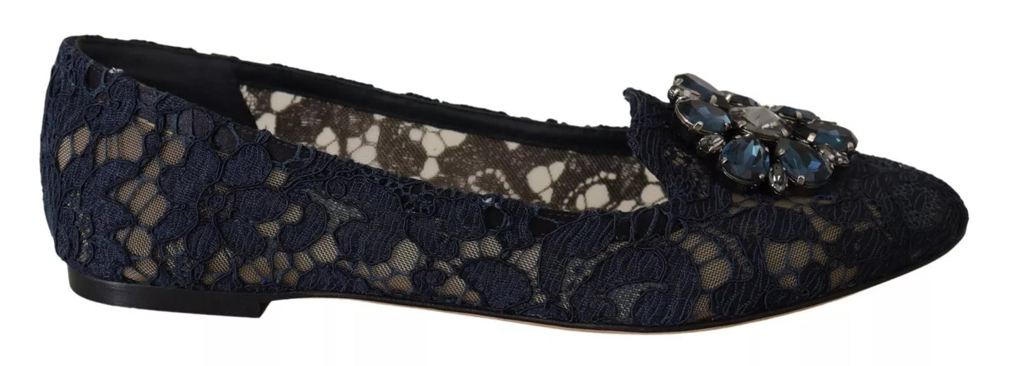 Dolce & Gabbana Blue Crystal Loafer Lace Ballet Flats