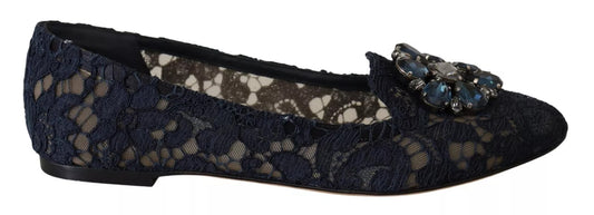 Dolce & Gabbana Blue Crystal Loafer Lace Ballet Flats
