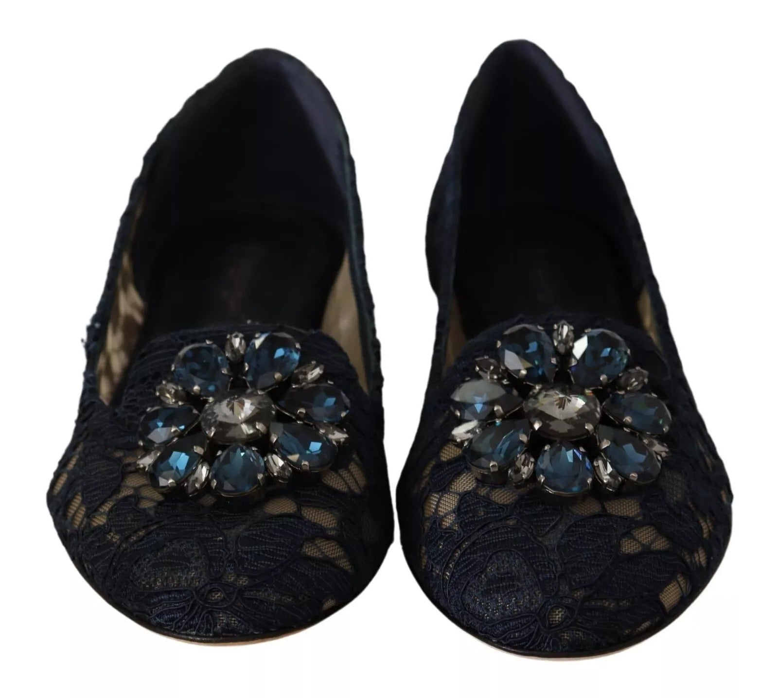 Dolce & Gabbana Blue Crystal Loafer Lace Ballet Flats