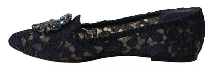 Dolce & Gabbana Blue Crystal Loafer Lace Ballet Flats