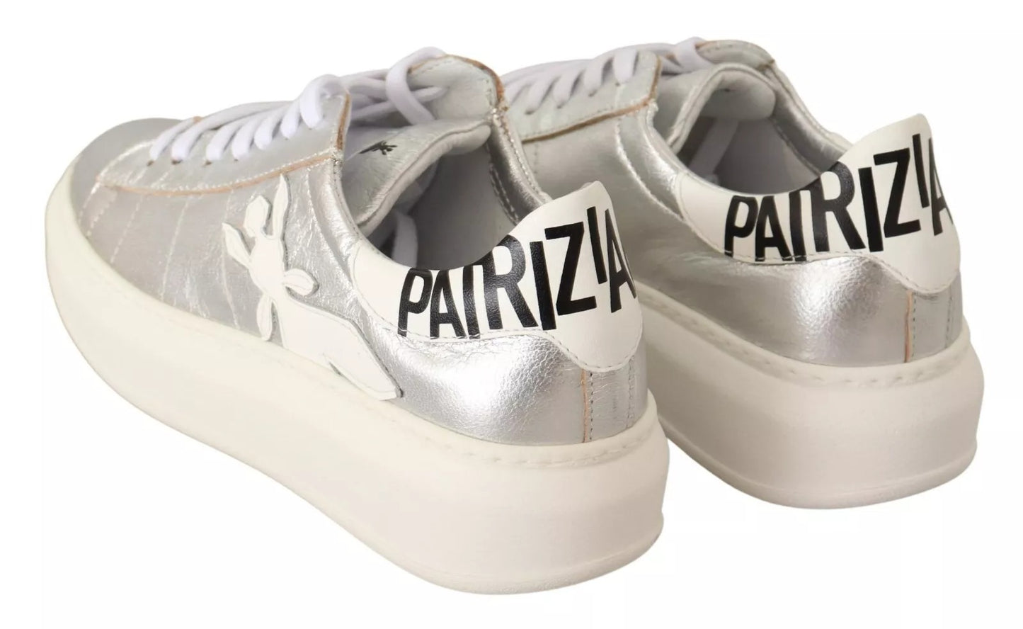 Patrizia Pepe Silver Full Grain Leather Lace Up Sneakers