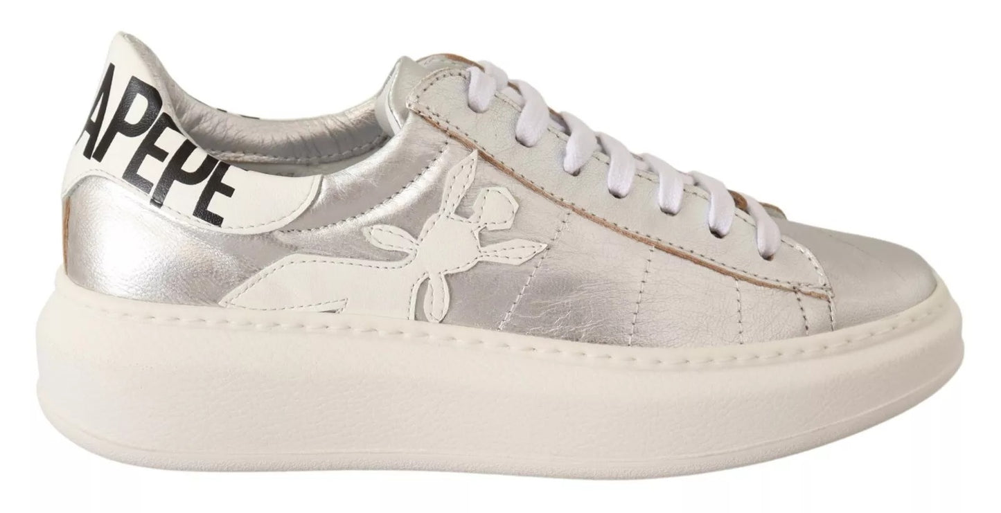 Patrizia Pepe Silver Full Grain Leather Lace Up Sneakers