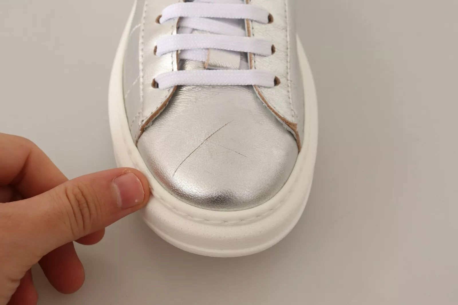 Patrizia Pepe Silver Full Grain Leather Lace Up Sneakers