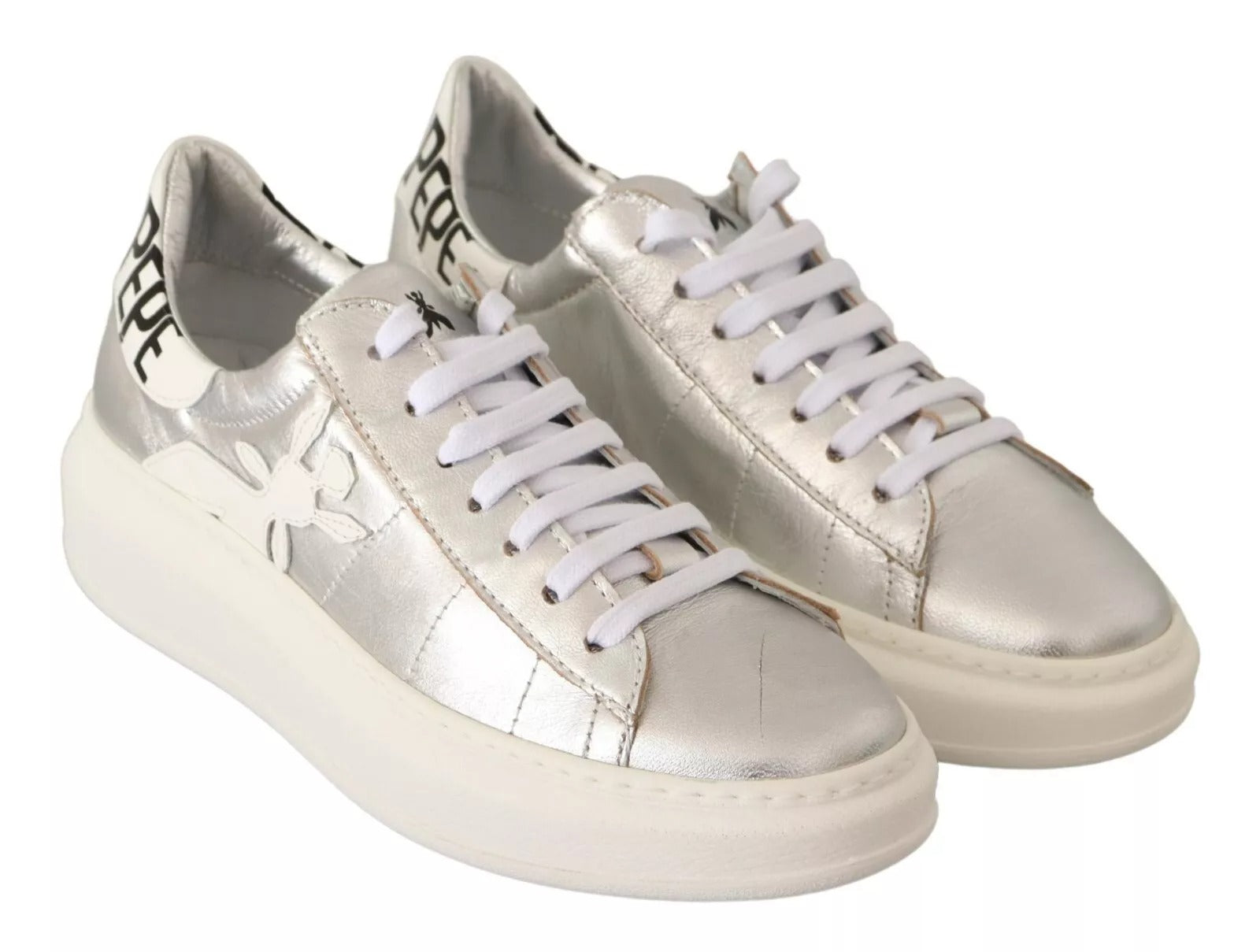 Patrizia Pepe Silver Full Grain Leather Lace Up Sneakers