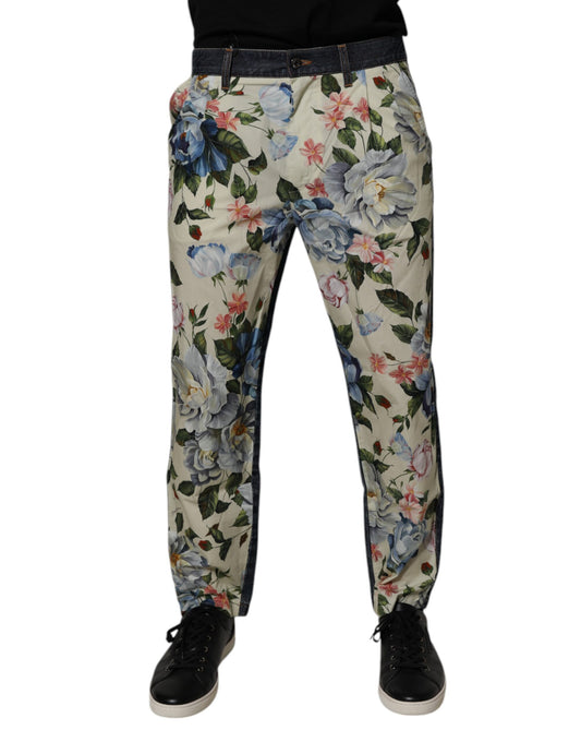 Dolce & Gabbana Beige Blue Floral Cotton Men's Denim Jeans