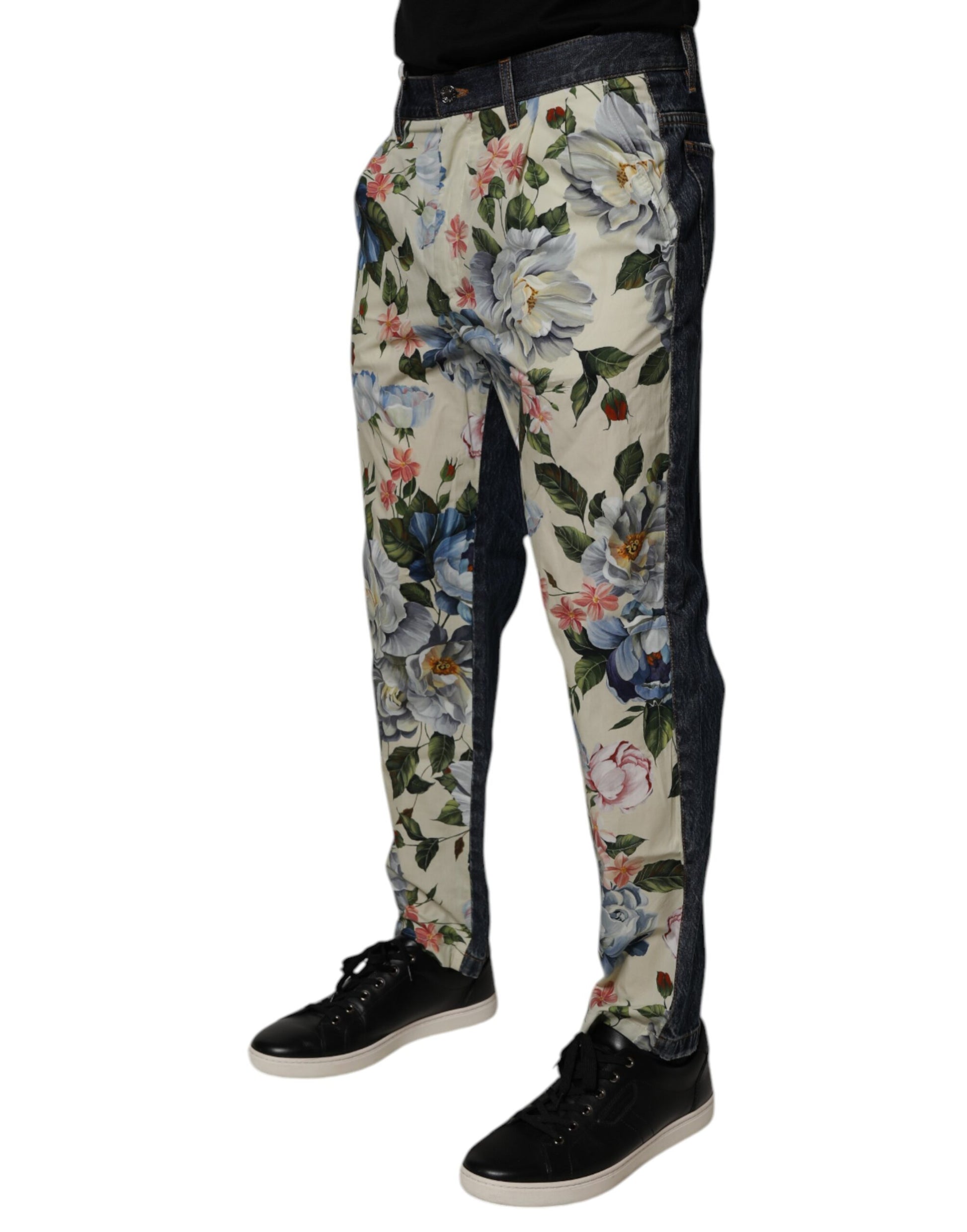 Dolce & Gabbana Beige Blue Floral Cotton Men's Denim Jeans
