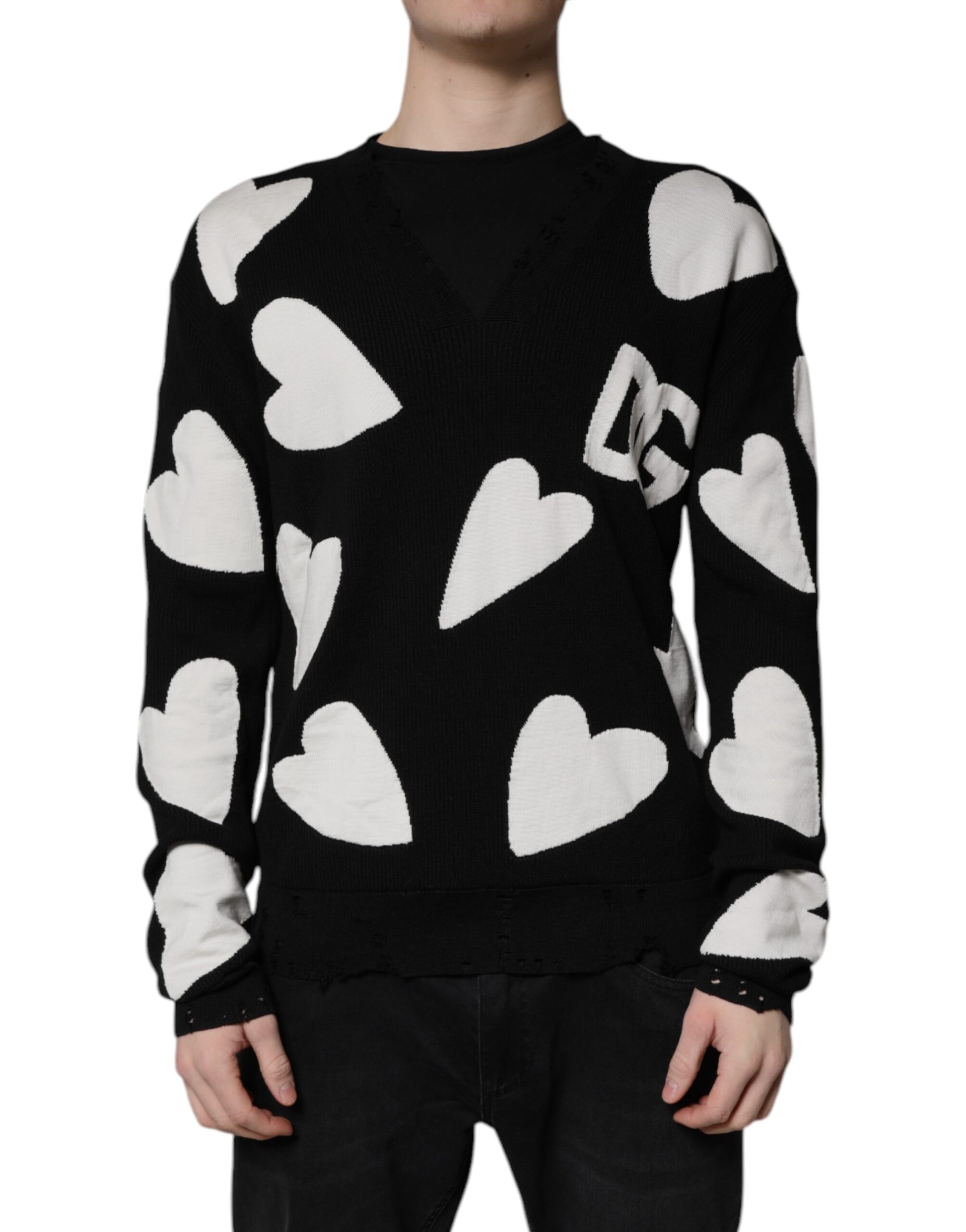 Dolce & Gabbana Black Hearts Silk Crew Neck Pullover Sweater