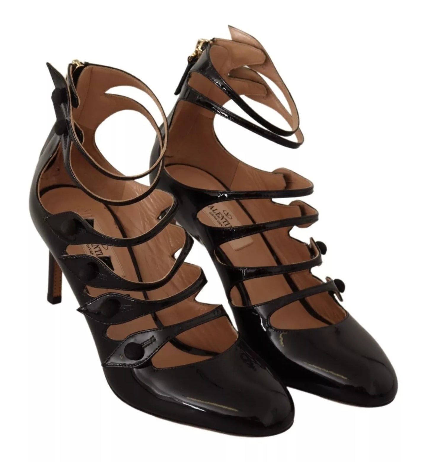 Valentino Black Multi Strap Leather Mid Heels Pumps