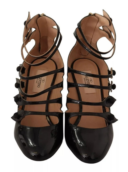 Valentino Black Multi Strap Leather Mid Heels Pumps