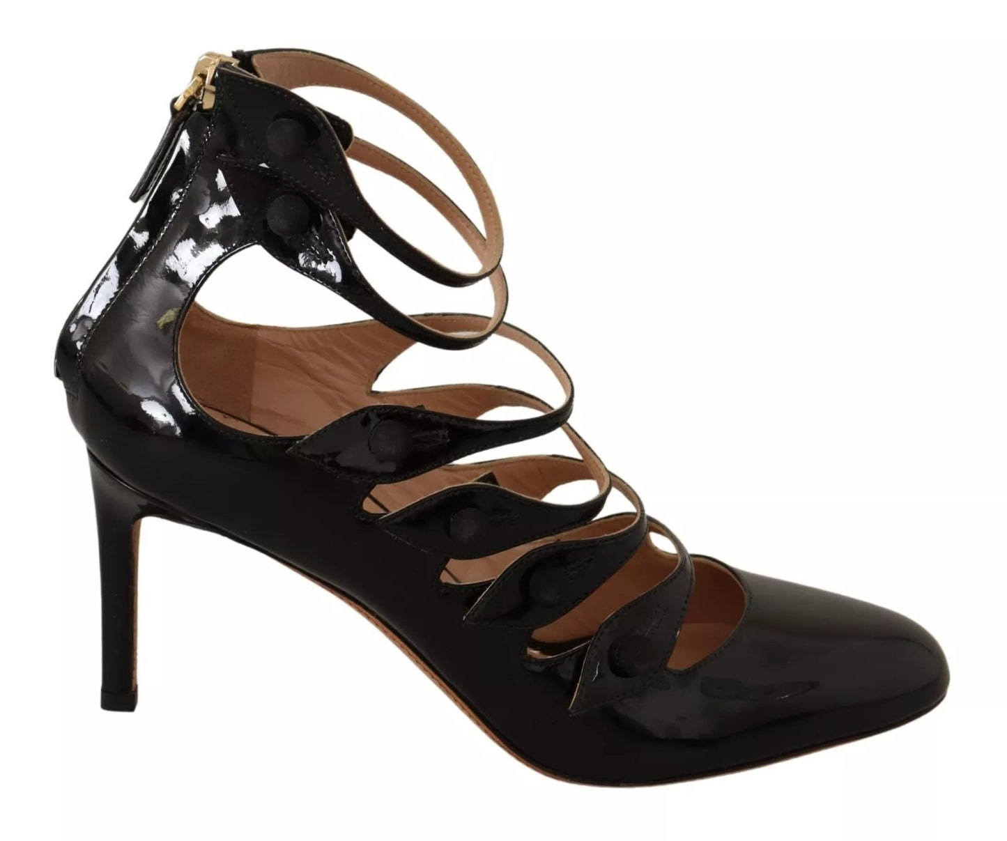 Valentino Black Multi Strap Leather Mid Heels Pumps