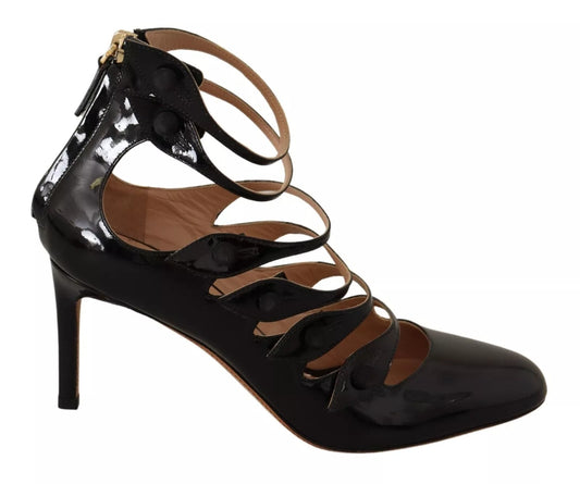 Valentino Black Multi Strap Leather Mid Heels Pumps