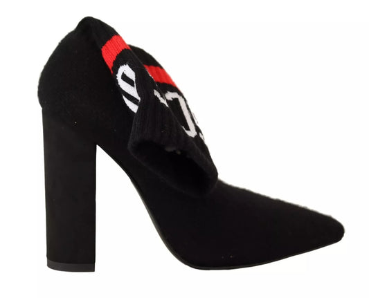 GCDS Black Suede Logo Socks Block Heel Ankle Boots Shoes