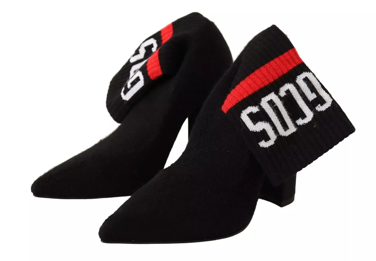 GCDS Black Suede Logo Socks Block Heel Ankle Boots Shoes