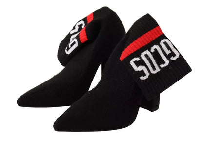 GCDS Black Suede Logo Socks Block Heel Ankle Boots Shoes