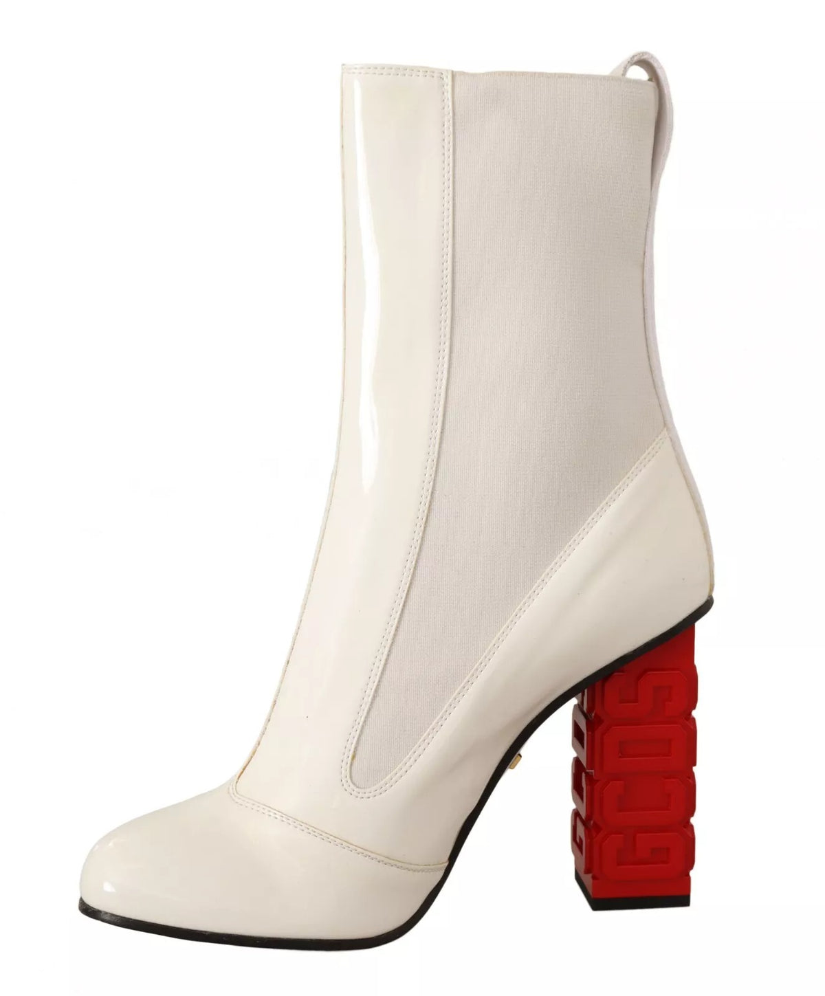GCDS White Leather Fabric Red Logo Heel Ankle Boots Shoes