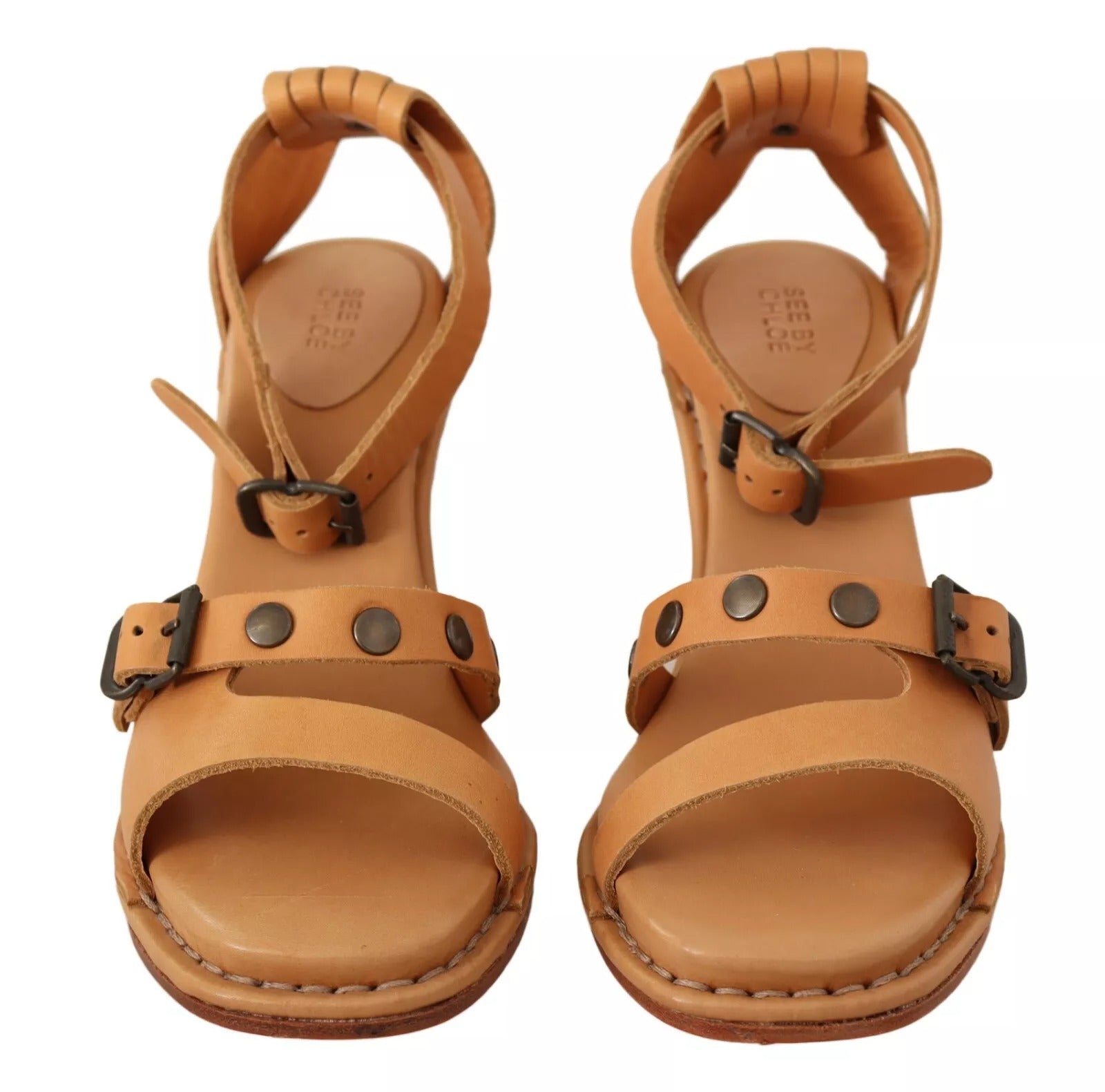 See By Chloé Brown Leather Studded Ankle Strap Sandals
