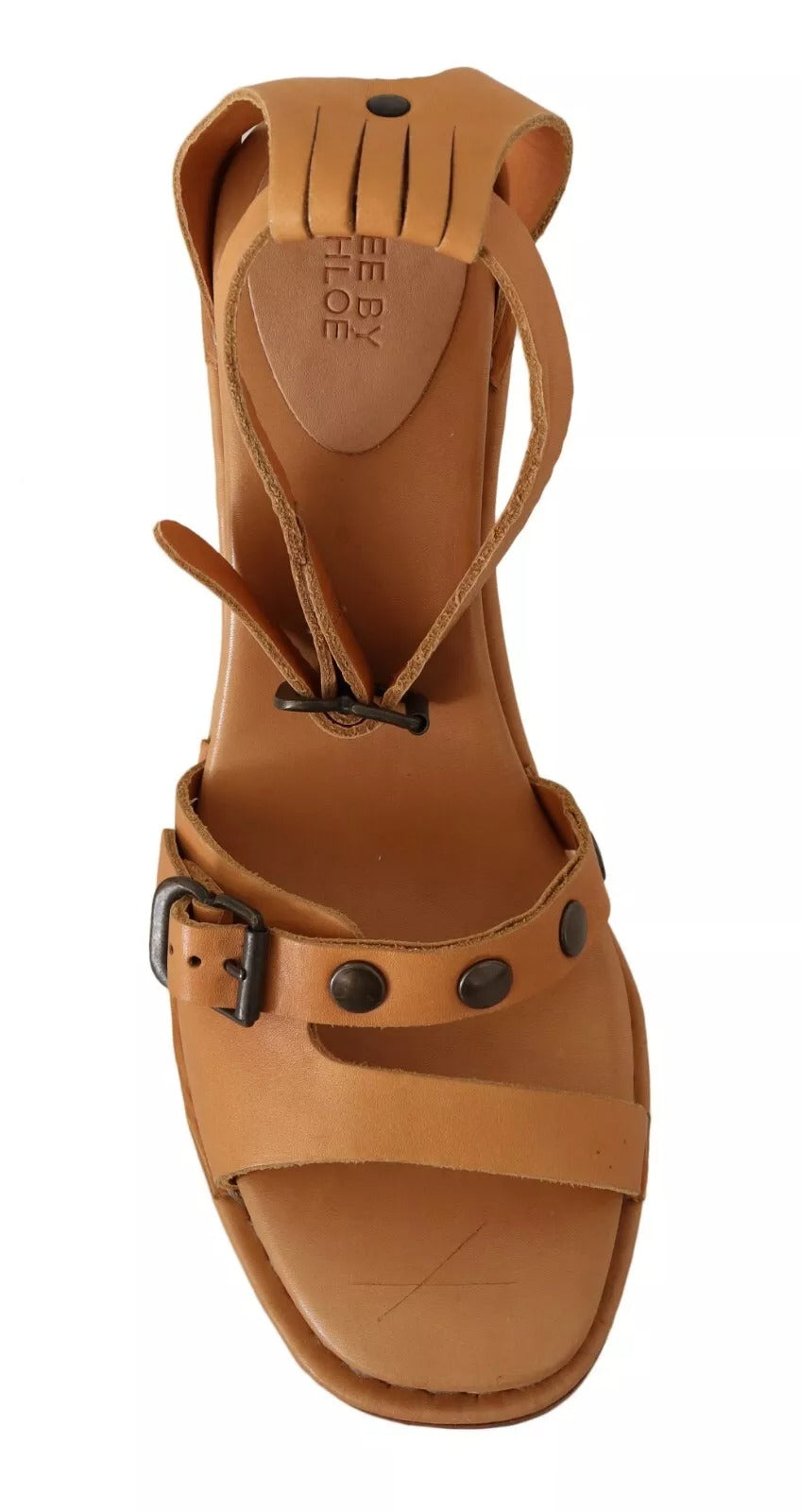 See By Chloé Brown Leather Studded Ankle Strap Sandals