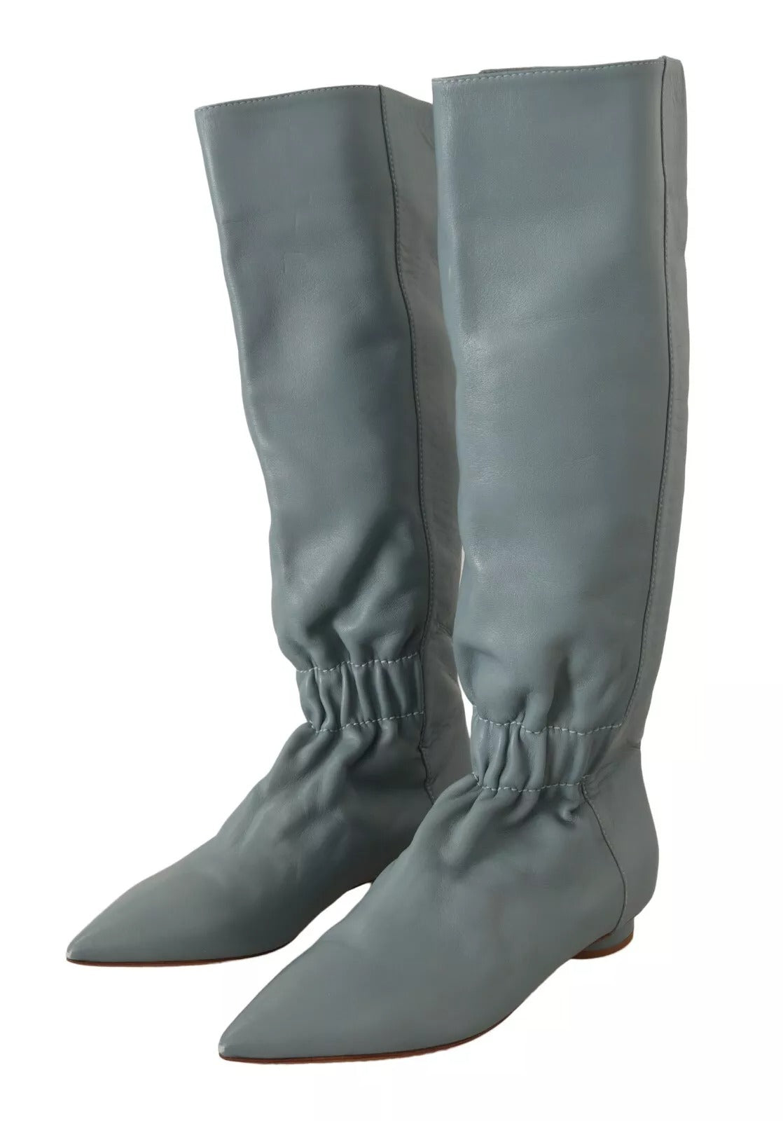 Valentino Blue Leather Elastic Flats Pull On Knee High Boots