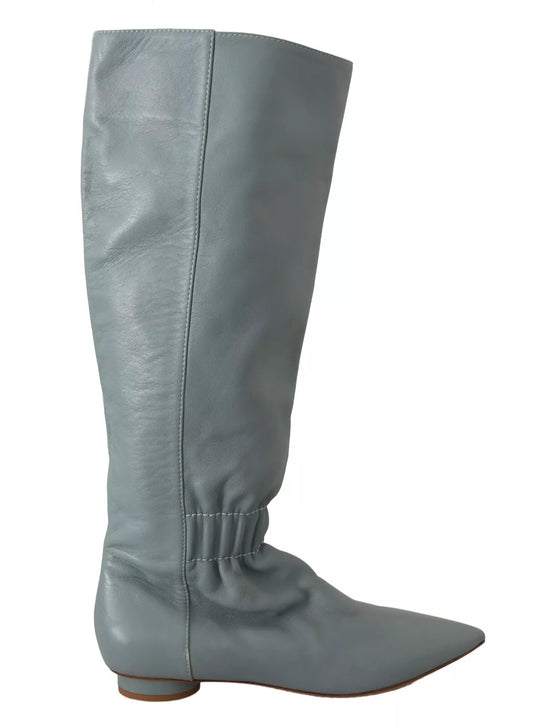 Valentino Blue Leather Elastic Flats Pull On Knee High Boots