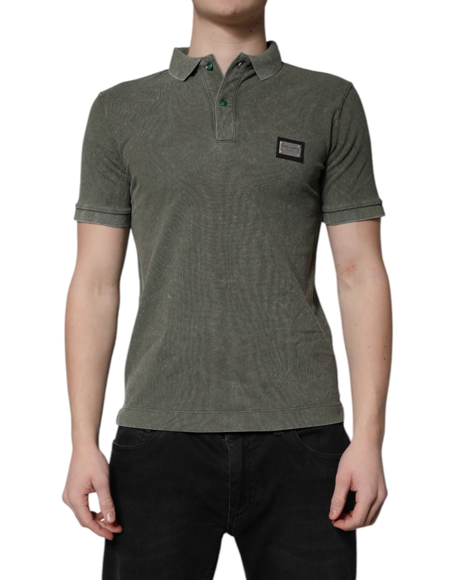 Dolce & Gabbana Army Green Logo Plaque Cotton Polo Shirt