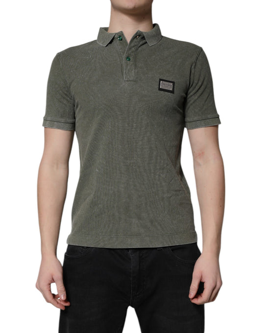 Dolce & Gabbana Army Green Logo Plaque Cotton Polo Shirt