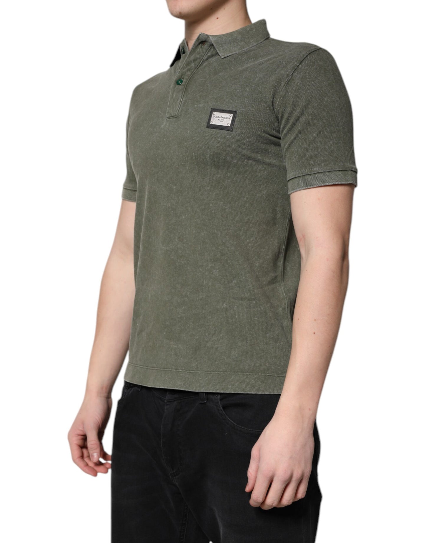 Dolce & Gabbana Army Green Logo Plaque Cotton Polo Shirt