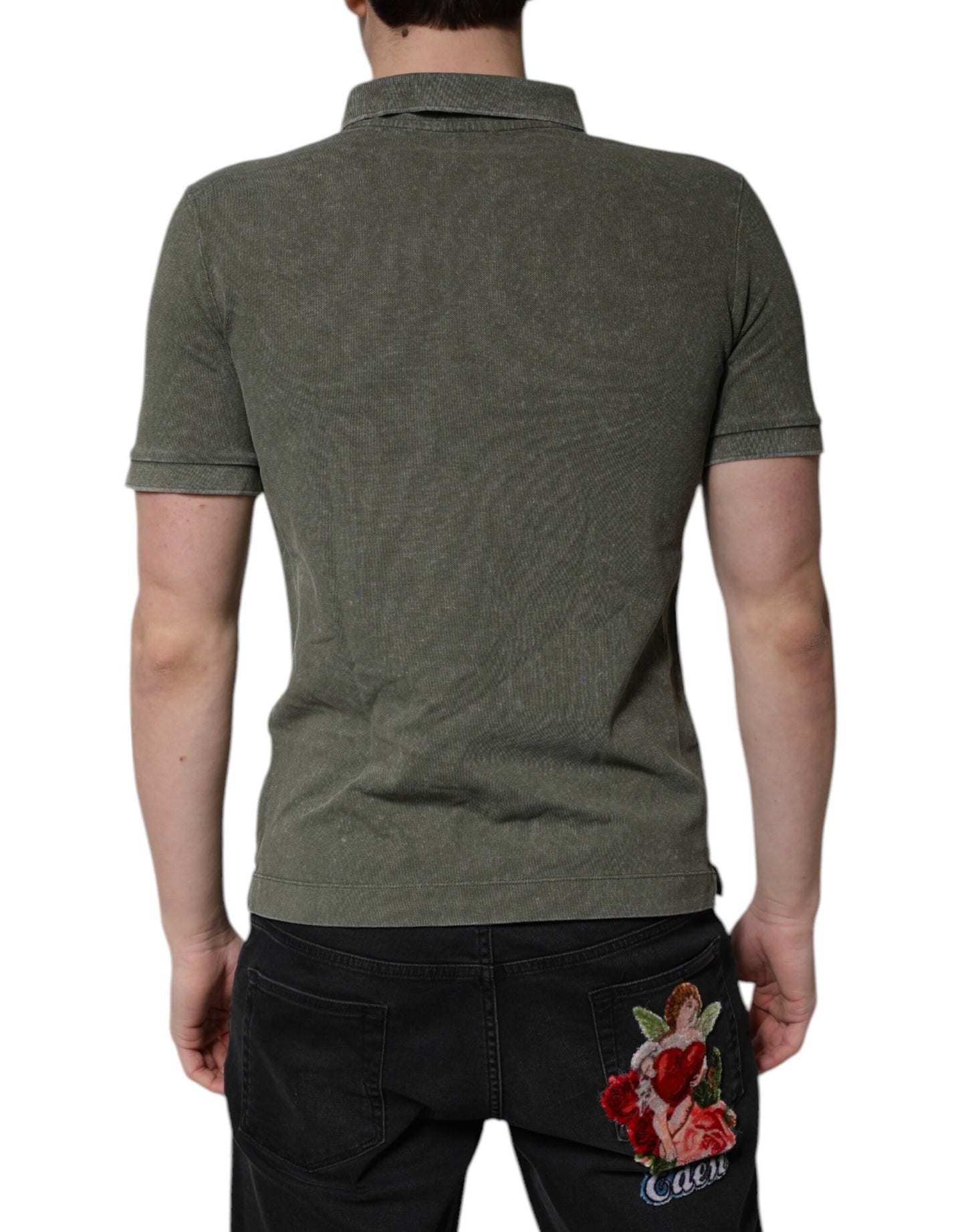 Dolce & Gabbana Army Green Logo Plaque Cotton Polo Shirt