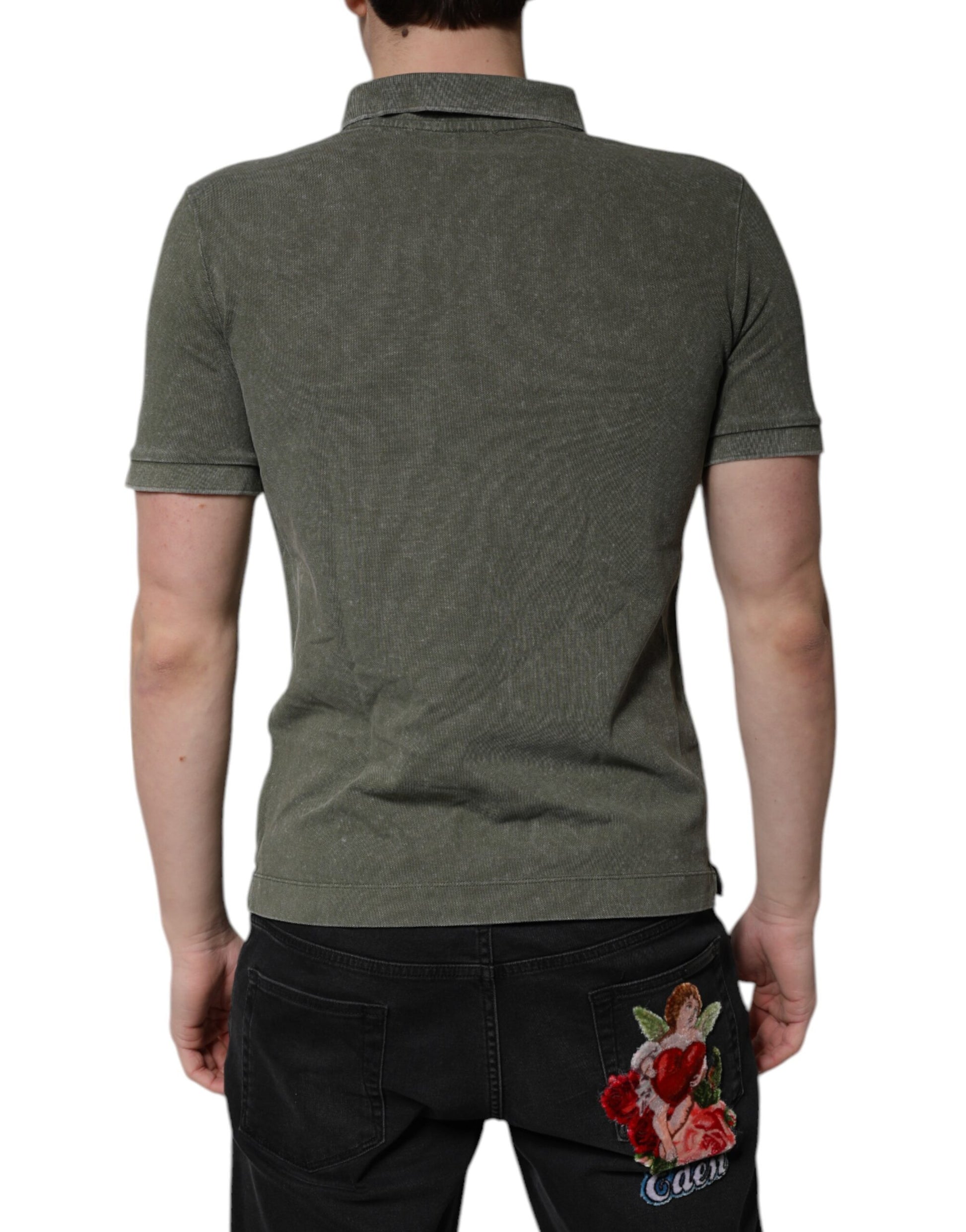 Dolce & Gabbana Army Green Logo Plaque Cotton Polo Shirt