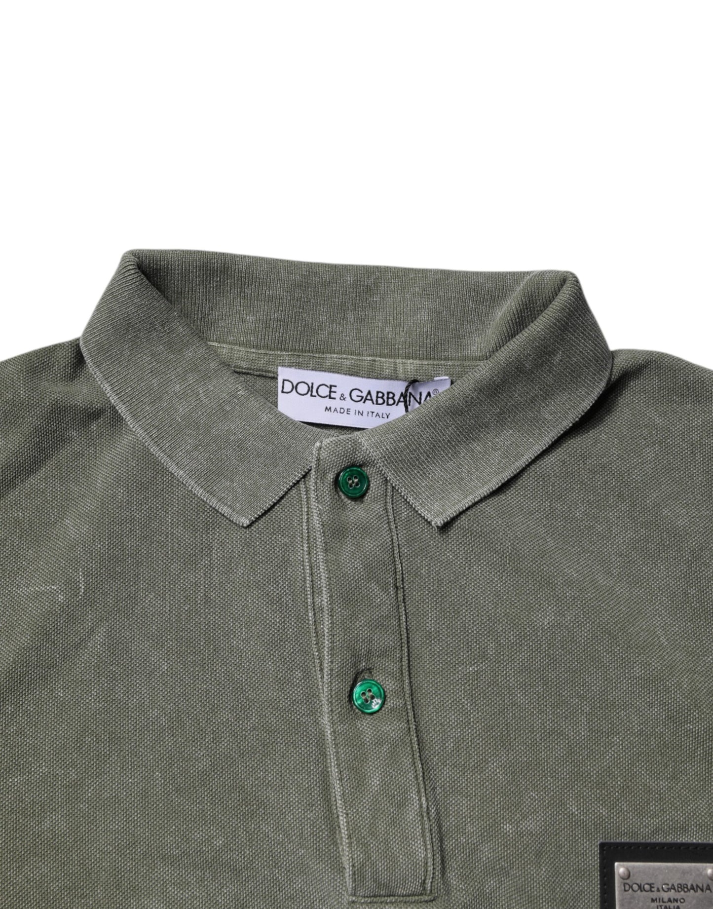 Dolce & Gabbana Army Green Logo Plaque Cotton Polo Shirt