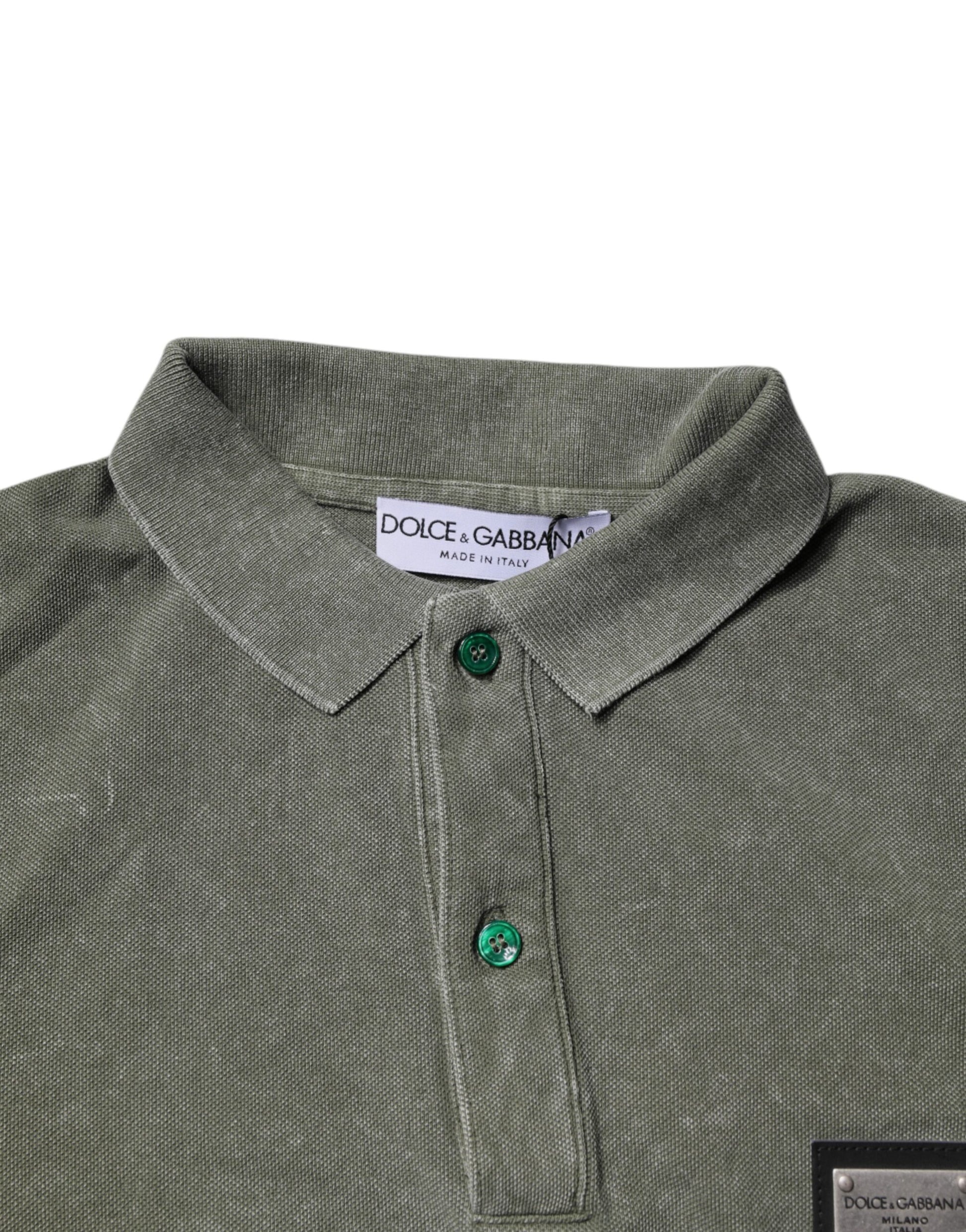 Dolce & Gabbana Army Green Logo Plaque Cotton Polo Shirt