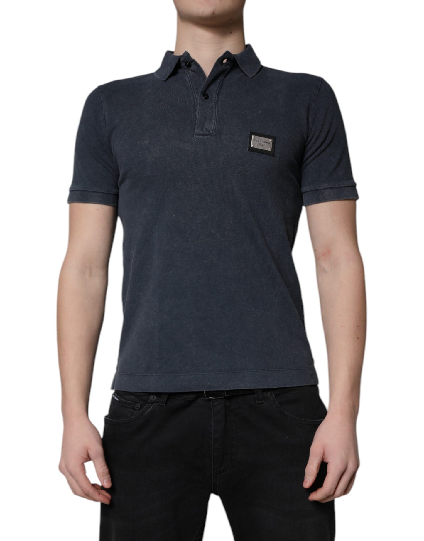 Dolce & Gabbana Dark Blue Logo Plaque Cotton Men Polo Shirt